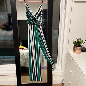 Source Unknown Green and Black Striped Jumpsuit